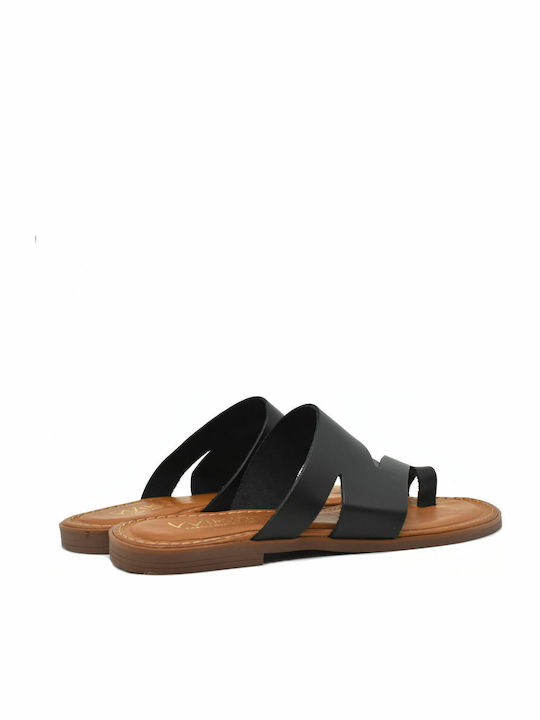 Leather Women's Flat Sandals in Black Color