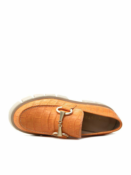 Leather Women's Loafers in Orange Color