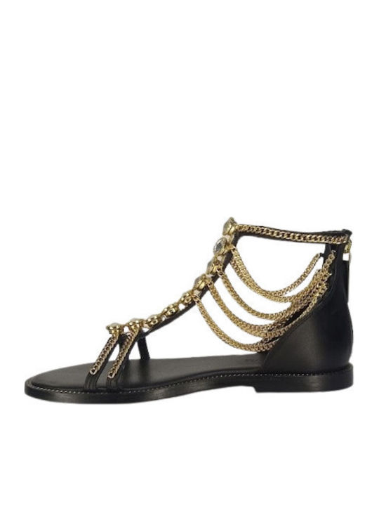 Leather Women's Flat Sandals with Strap in Black Color