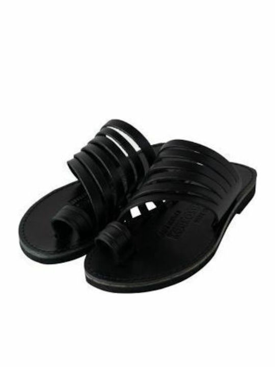 Leather Women's Flat Sandals in Black Color