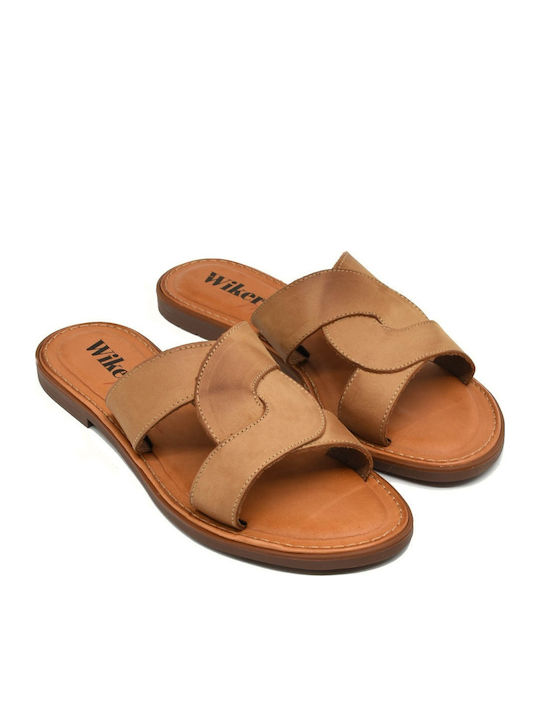 Leather Women's Flat Sandals in Tabac Brown Color