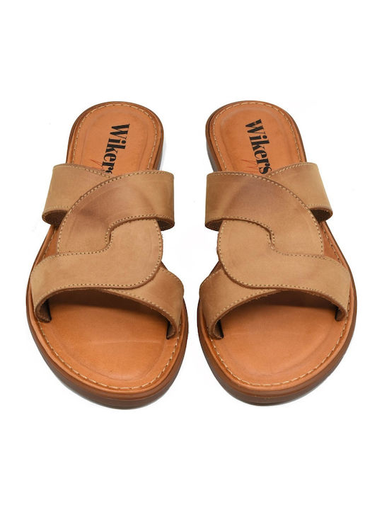 Leather Women's Flat Sandals in Tabac Brown Color