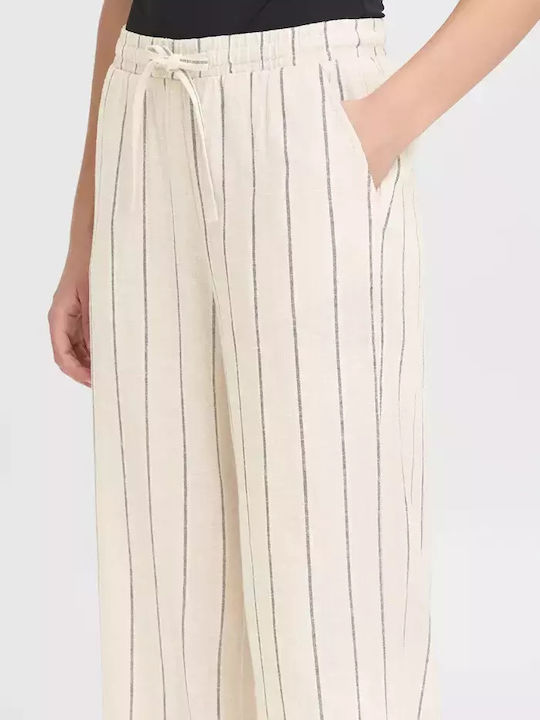 Women's Linen Trousers with Elastic Loose Fit Striped Natural Ecru