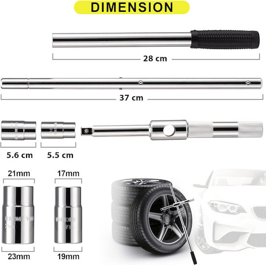 Universală Cheie de Roți Onuvio cu Set de Tubulare și Cutie de Transport pentru Piulițe de Anvelope cu Dimensiuni de 17/19 mm și 21/23 mm Pârghie Lungă Rezistentă și Retractabilă Ideală pentru Înlocuirea Anvelopelor la Auto Furgonete