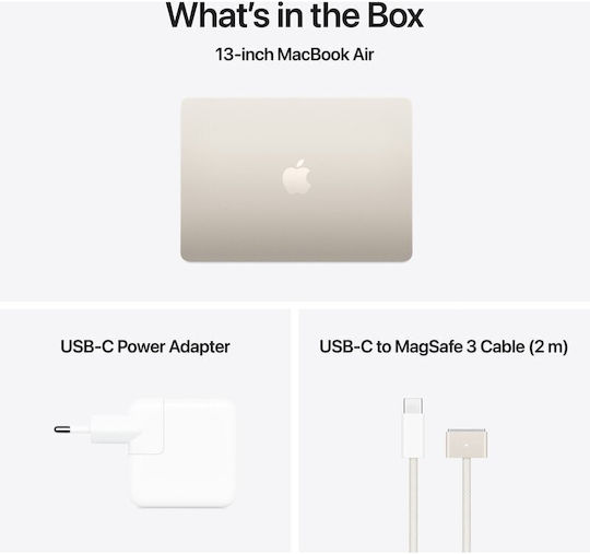 Apple MacBook Air 15.3" IPS Retina Display (M4-10-ядрен/16GB/256GB SSD/10-Core GPU) с Apple зарядно устройство 35W Двоен Порт Starlight (Международен Английски Език)