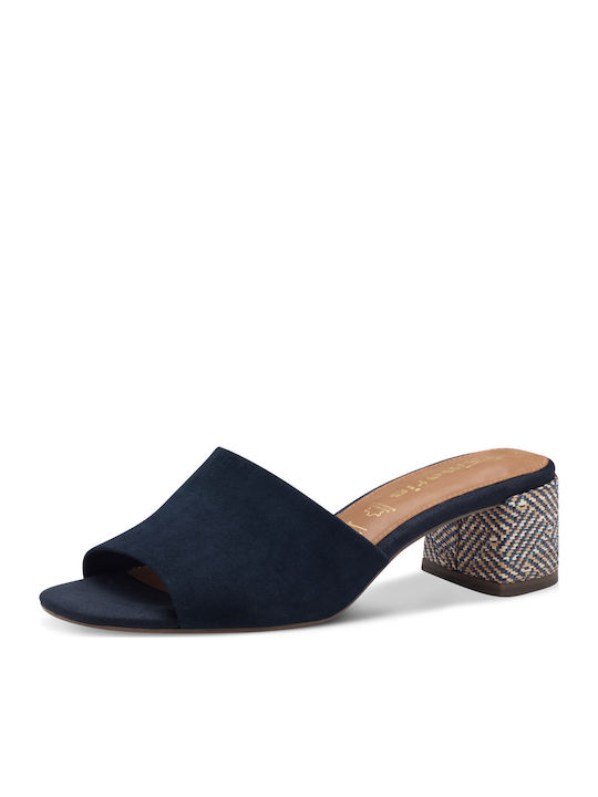 Leather Mules with Chunky Low Heel in Blue Color