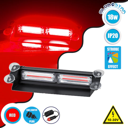 GloboStar Waterproof Car Lightbar Μπάρα Σήμανσης με Βεντούζες Στήριξης για Παρμπρίζ Οχήματος Πυροσβεστικής για Αυτοκίνητα & Φορτηγά 13 Προγραμμάτων Φωτισμού 18W LED 10-30V - Red