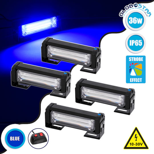GloboStar Pro Series Μπάρες Σήμανσης Οχήματος Αστυνομίας για Αυτοκίνητα & Φορτηγά 13 Προγραμμάτων Φωτισμού 4τμχ LED 10-30V - Μπλε