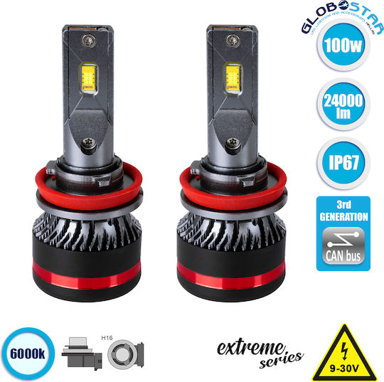 GloboStar Lampen Auto Extreme Series H16 Canbus LED 6000K Kaltes Weiß 9-32V 100W 2Stück