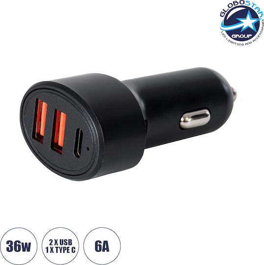 GloboStar Handy-Autoladegerät 36W 6A Schnellladen mit Anschlüssen: 2xUSB-A 1xType-C Schwarz Farbe