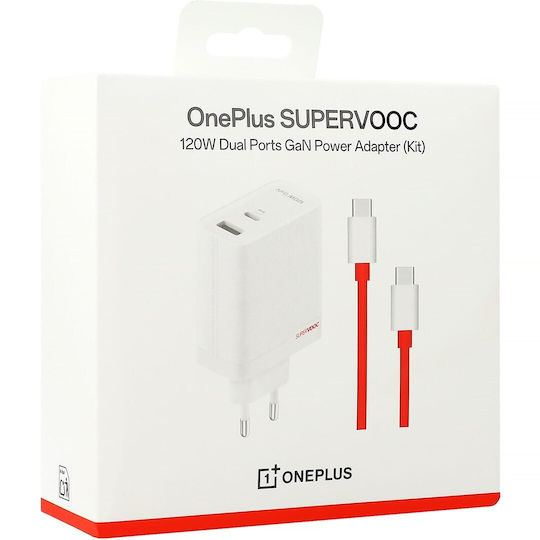 OnePlus GaN Charger with USB-A Port and USB-C Port and USB-C - USB-C Cable 120W Power Delivery White (SuperVooc)