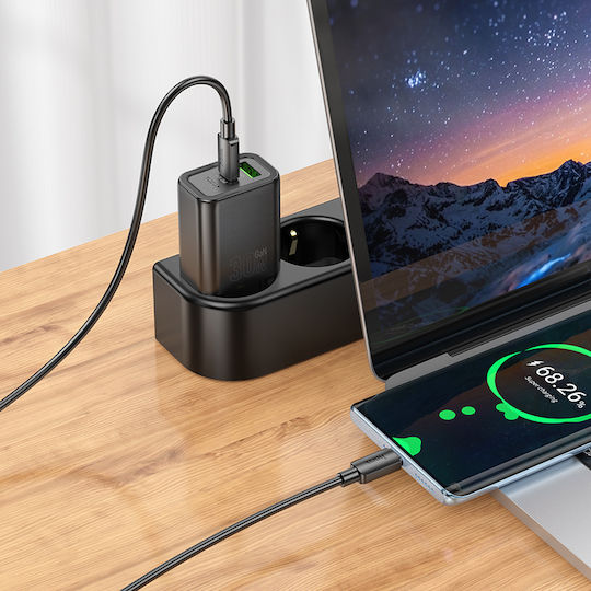 Hoco Зарядно без кабел с USB-A порт и USB-C порт 30W Power Delivery / Quick Charge 3.0 Черен (N63)