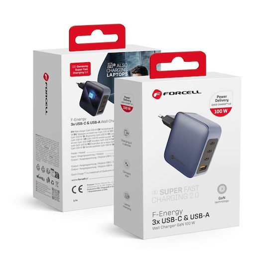 Forcell Безжичен Зарядно Устройство GaN 100W Power Delivery Quick Charge 4.0 Сив (F-Energy)