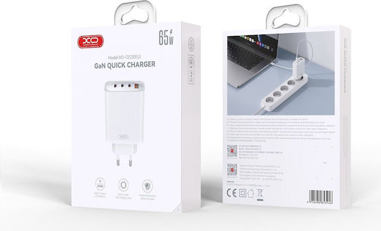 XO Φορτιστής Χωρίς Καλώδιο με Θύρα USB-A και 3 Θύρες USB-C 65W Power Delivery Λευκός (CE23)