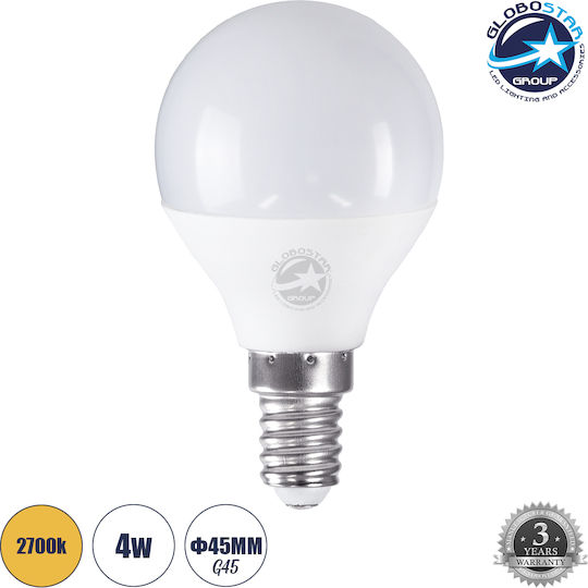 GloboStar Λάμπα LED 4W 78mm για Ντουί E14 και Σχήμα G45 Θερμό Λευκό 376lm