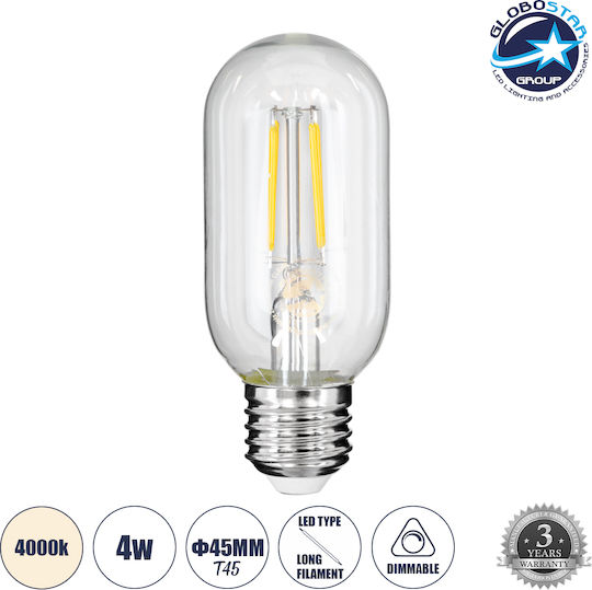 GloboStar LED Bulb 4W 110mm for Socket E27 and Shape T45 Natural White 440lm Dimmable