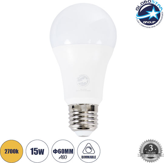 GloboStar LED крушка 15W 119mm за фасунга E27 и форма A60 Топло бяло 1410лм Димируем