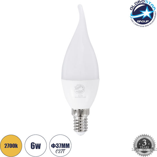 GloboStar Λάμπα LED 6W 125mm για Ντουί E14 και Σχήμα C37T Θερμό Λευκό 564lm