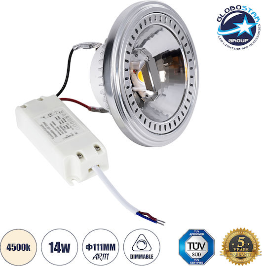 GloboStar Darko LED Bulb 14W 90mm for Socket GU10 and Shape AR111 Natural White 1638lm Dimmable