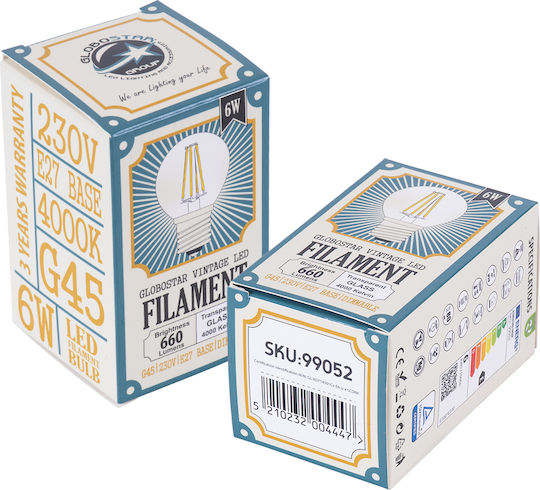 GloboStar LED-Lampe 6W 75mm für Fassung E27 und Form G45 Naturweiß 660lm Dimmbar