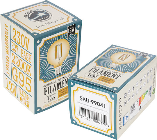 GloboStar Edison Retro LED крушка 12W 137mm за фасунга E27 и форма G95 Топло бяло 1260лм Димируем