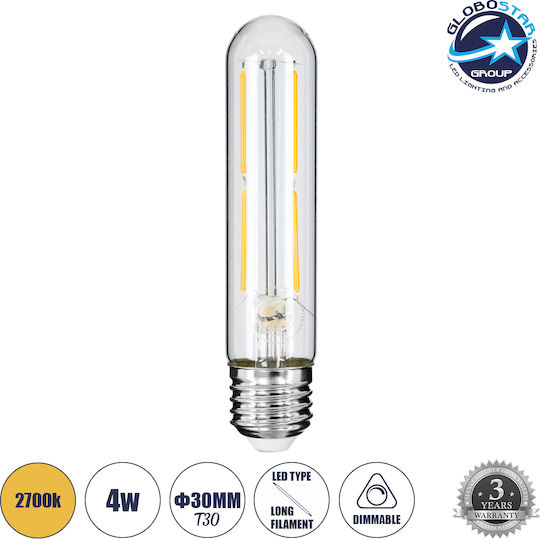 GloboStar LED-Lampe 4W 135mm für Fassung E27 und Form T30 Warmes Weiß 440lm Dimmbar