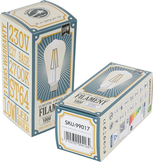 GloboStar Edison Retro LED Bulb 10W 145mm for Socket E27 and Shape ST64 Warm White 1100lm Dimmable