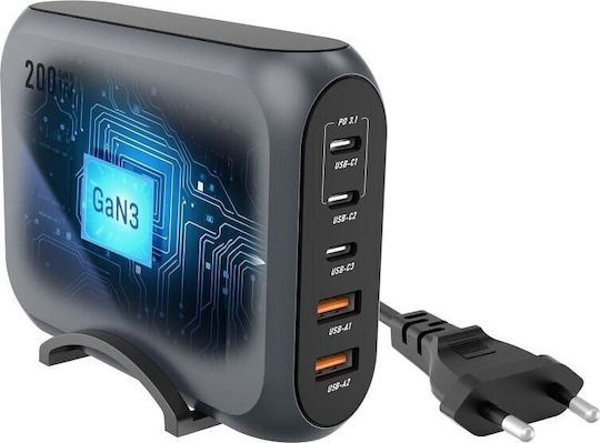 Forcell Φορτιστής Χωρίς Καλώδιο GaN με 2 Θύρες USB-A και 3 Θύρες USB-C 200W Power Delivery / Quick Charge 4.0 Γκρι (VT-51)