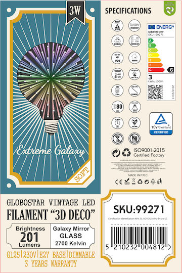 GloboStar Galaxy Extreme Glass LED крушка 5W 180mm за фасунга E27 и форма G125 Топло бяло 300лм