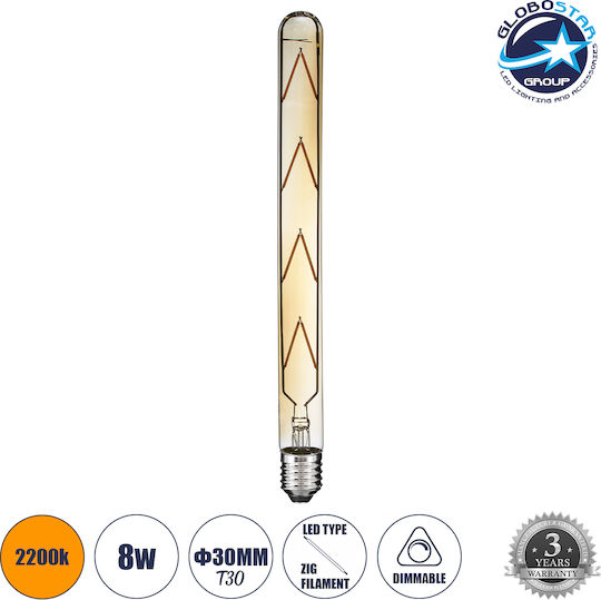 GloboStar LED Bulb 8W 300mm for Socket E27 and Shape T30 Warm White 760lm Dimmable