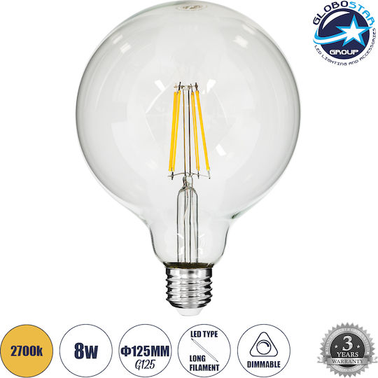 GloboStar Edison Retro Λάμπα LED 8W 180mm για Ντουί E27 και Σχήμα G125 Θερμό Λευκό 880lm Dimmable