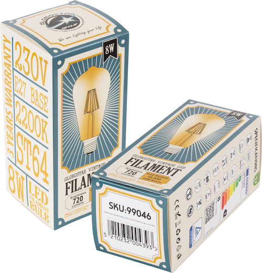 GloboStar Edison Retro LED Bulb 8W 145mm for Socket E27 and Shape ST64 Warm White 840lm Dimmable
