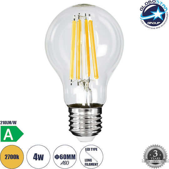 GloboStar LED крушка 4W 110mm за фасунга E27 и форма A60 Топло бяло 840лм Димируем
