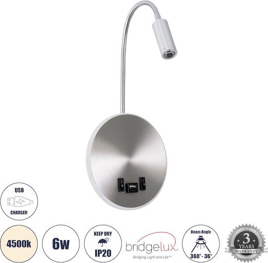 GloboStar Goose Modern Lumină de Perete cu LED Integrat și Lumină Alb Natural Argintiu 15.5x30.5cm