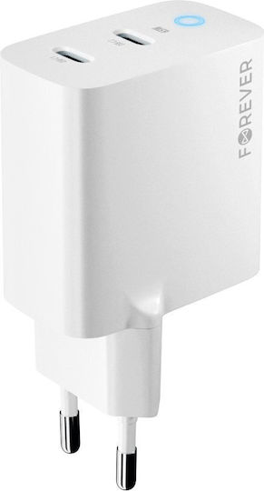 Forever Ladegerät ohne Kabel GaN mit 2 USB-C Anschlüsse 65W Stromlieferung Weißs (TC-06-65CC)