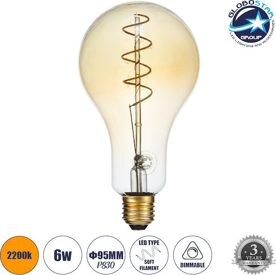 GloboStar Λάμπα LED 6W 175mm για Ντουί E27 και Σχήμα PS30 Θερμό Λευκό 500lm Dimmable