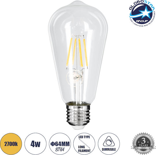GloboStar Edison Retro LED Bulb 4W 140mm for Socket E27 and Shape ST64 Warm White 440lm Dimmable