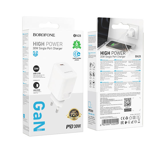 Borofone Charger Without Cable with USB-C Port 30W Power Delivery / Quick Charge 3.0 Whites (BN28)