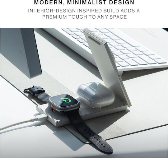 Native Union Безжично зарядно Qi2 и кабел USB-C 15W Сив (Rise 3-in-1)