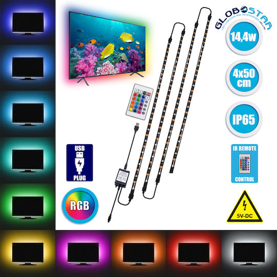 GloboStar Αδιάβροχη Ταινία LED Τηλεόρασης USB 5V RGB Φως 4x50cm Τύπου SMD5050 με Τροφοδοτικό & Τηλεχειριστήριο