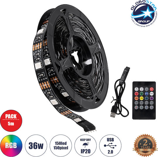 GloboStar Ταινία LED USB 5V RGB Φως 1m Τύπου SMD5050 με Τροφοδοτικό & Τηλεχειριστήριο