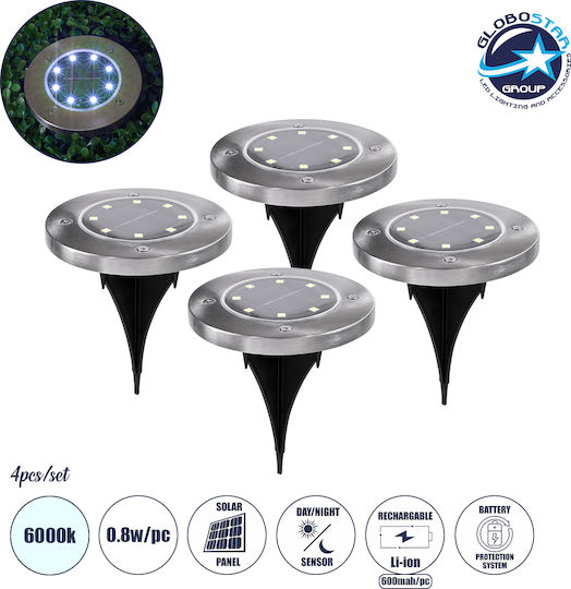 GloboStar Σετ 4 Καρφωτά Ηλιακά Φωτιστικά 0.8W 80lm Ψυχρό Λευκό 6000K με Φωτοκύτταρο IP65