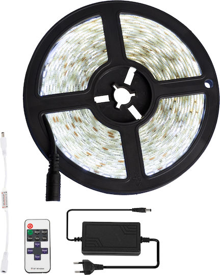 GloboStar Waterproof LED Strip 12V Cold White Light 5m Type SMD5050 with Power Supply & Remote Control