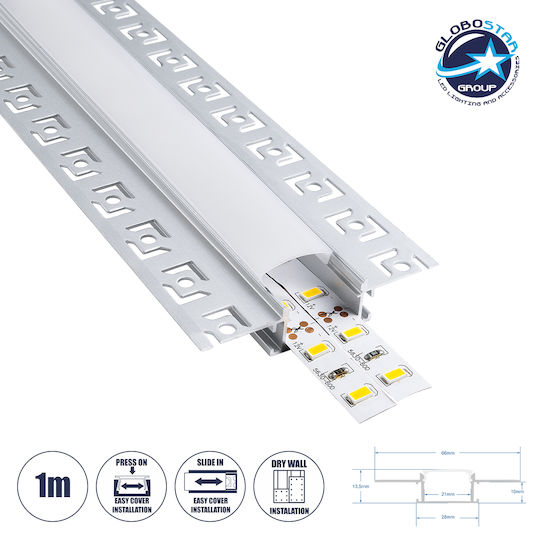 GloboStar Walled Aluminum Profile for LED Strip with Opal Cover for Drywall 100x6.6x1.3cm