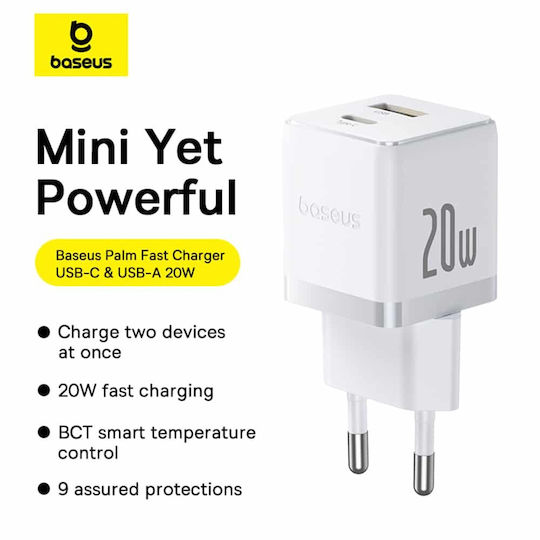 Baseus Mobile Phone Charger With USB-A Output Port And USB-C Output Port And USB-C - USB-C Cable 20W Quick Charge 3.0 White Palm