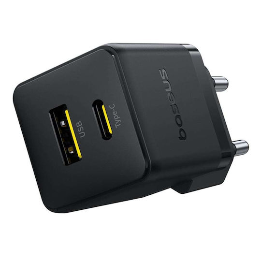 Baseus Φορτιστής με Θύρα USB-A και Θύρα USB-C και Καλώδιο USB-C - USB-C 30W Μαύρος (Palm)