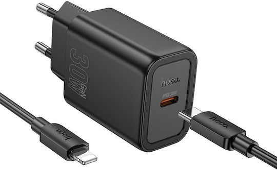 Hoco Φορτιστής με Θύρα USB-C και Καλώδιο USB-C - Lightning 30W Power Delivery / Quick Charge 3.0 Μαύρος (N62)