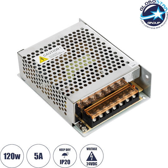 GloboStar Ρυθμιζόμενο Τροφοδοτικό LED IP20 Ισχύος 120W με Τάση Εξόδου 24V
