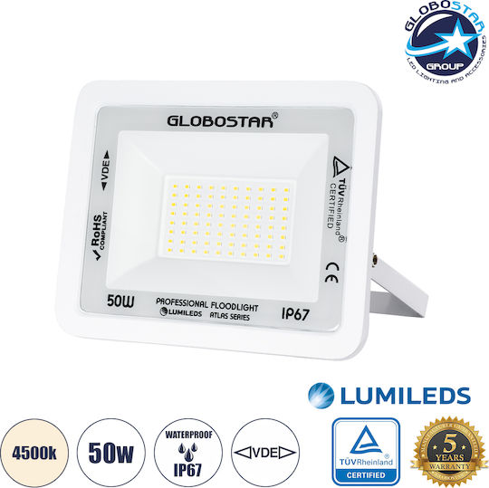 GloboStar Atlas Στεγανός Προβολέας LED 50W Φυσικό Λευκό 4500K IP67