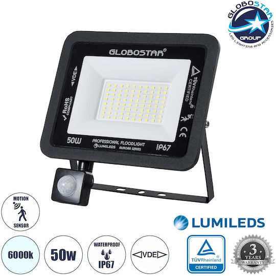 GloboStar Atlas Waterproof LED Floodlight 50W Cold White 6000K with Motion Sensor IP67